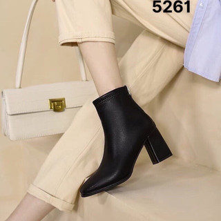 Giày boots cổ thấp da lì mũi vuông gót vuông 6p M5261