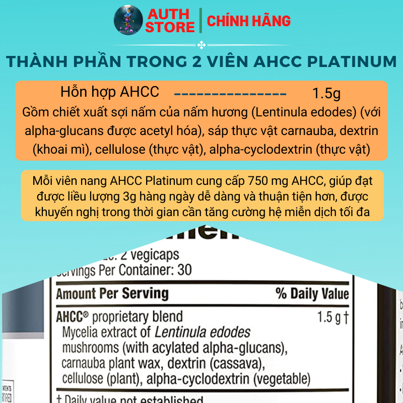 AHCC Platinum 750mg Tăng Cường Miễn Dịch,Hỗ Trợ Loại Bỏ HPV, Sùi 60v