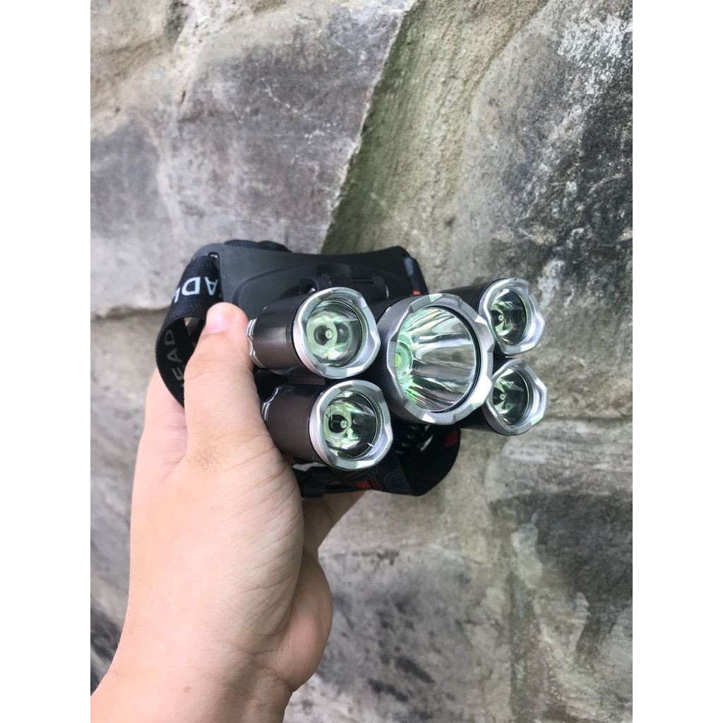 Đèn PIN đội đầu 5 bóng T6 siêu sáng, chống nước, chiếu sáng khoảng cách xa 200m YUGENZI