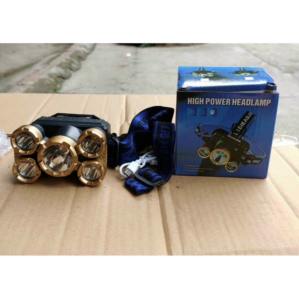 Đèn PIN đội đầu 5 bóng T6 siêu sáng, chống nước, chiếu sáng khoảng cách xa 200m YUGENZI