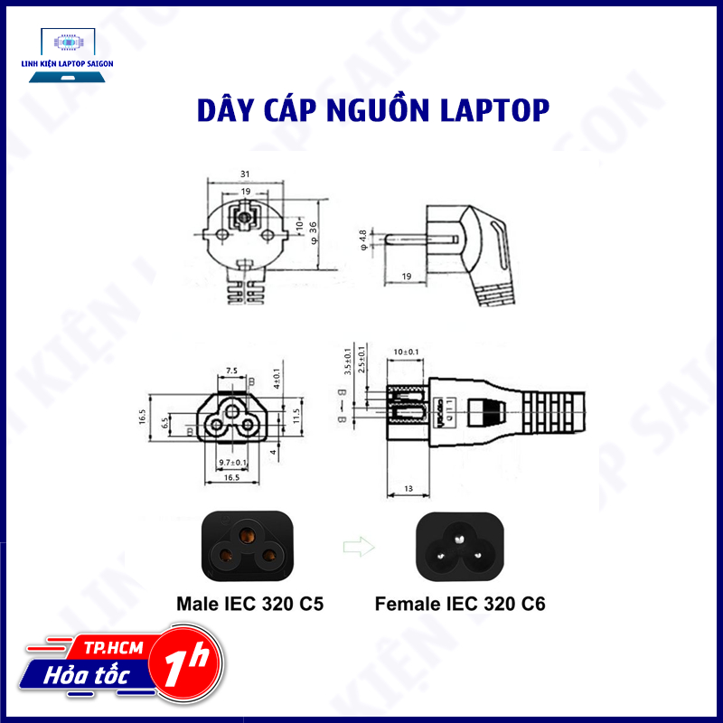 Dây cáp Laptop xịn 1m 2 chấu dành cho tất cả dòng Laptop loại tốt - Linh kiện Laptop Sài Gòn