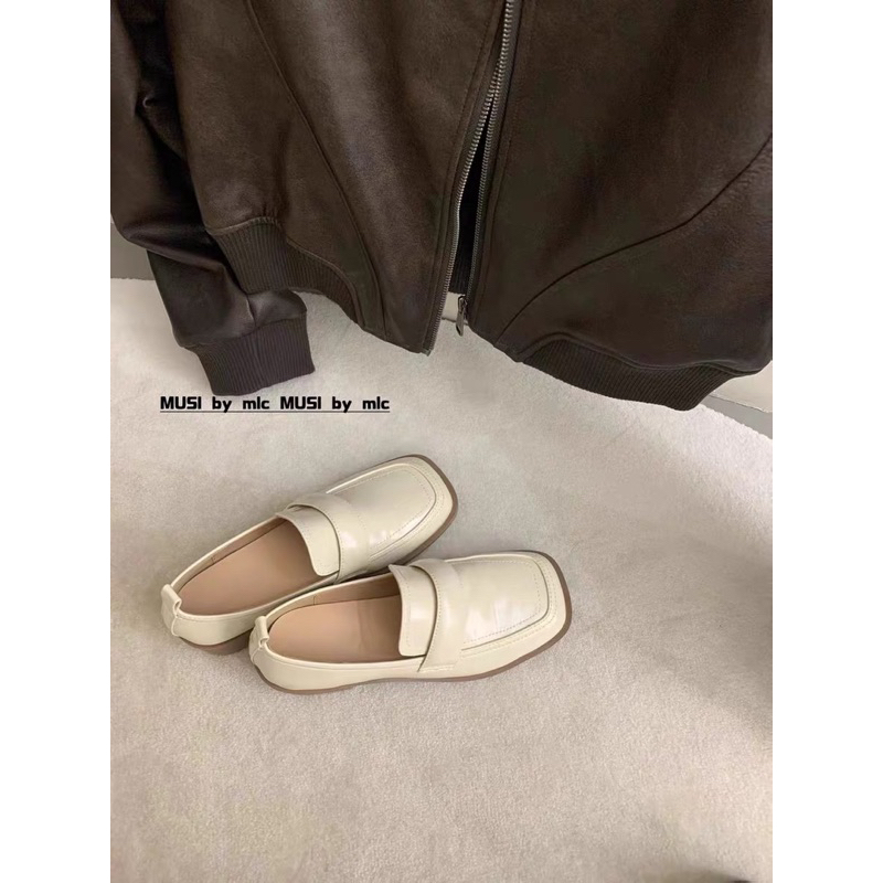 MUSI retro phong cách Anh quốc giày mũi vuông miệng sâu cho nữ 2023 mới da mềm giày lười da