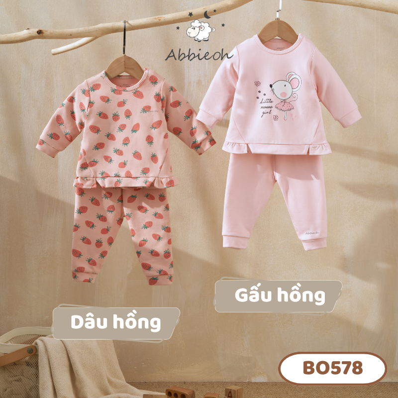 Bộ dài tay cotton ABBIEOH dày dặn hình dâu và gấu hồng cho bé gái từ 0-3 tuổi BO578