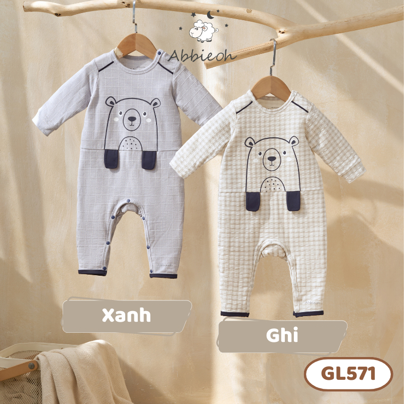 Bộ quần áo bodysuit ABBIEOH cotton dài tay hình gấu cho bé BD550 BD572