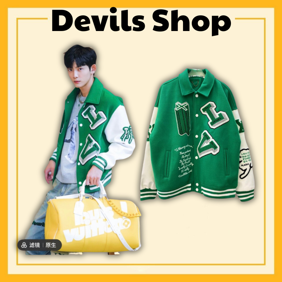 Áo varsity jacket LV Luôn Vui Tươi SS21 màu xanh bản cao cấp, Áo khoác bóng chày nam nữ LV thêu hình họa tiết form rộng