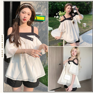Set áo 2 dây trễ vai viền đen và quần Tafta dáng phồng, set bộ dễ thương
