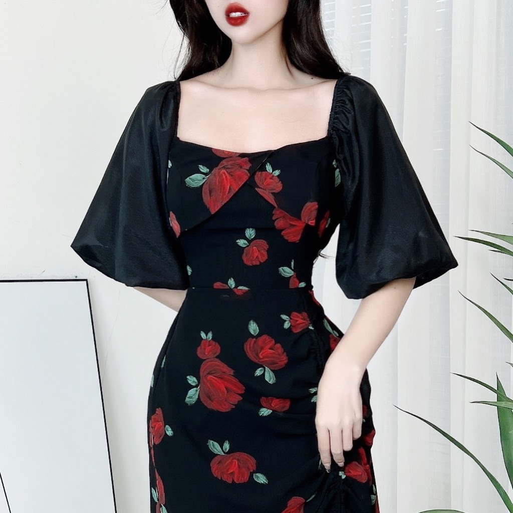 Đầm Hoa MIMIX Nữ Dây Rút Có Xẻ Cổ Vuông Phối Tay Tơ 3 Màu Sang Trọng DR4195