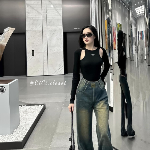 Áo thun nữ dài tay,Áo thun tăm dài tay thiết kế cổ tròn hở ngực logo pada,áo thun dài tay ôm body trẻ trung