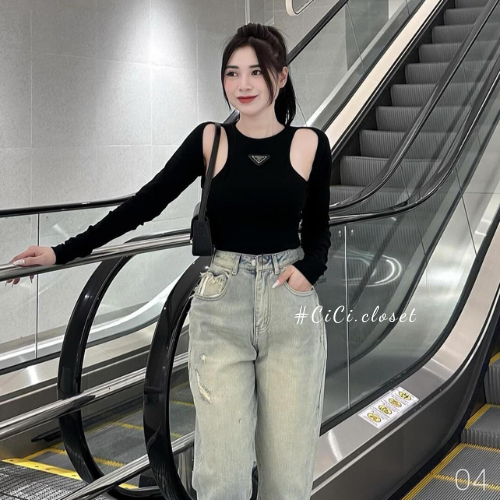 Áo thun nữ dài tay,Áo thun tăm dài tay thiết kế cổ tròn hở ngực logo pada,áo thun dài tay ôm body trẻ trung