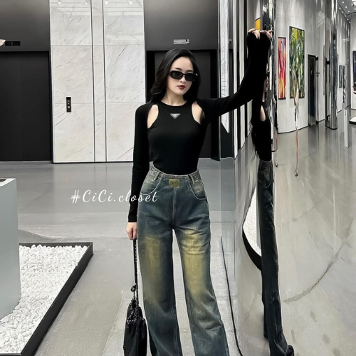 Áo thun nữ dài tay,Áo thun tăm dài tay thiết kế cổ tròn hở ngực logo pada,áo thun dài tay ôm body trẻ trung