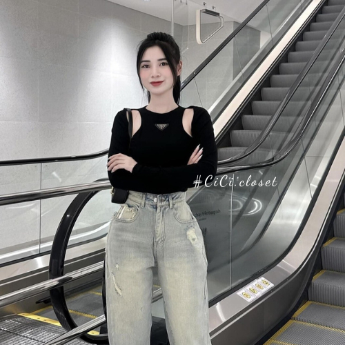 Áo thun nữ dài tay,Áo thun tăm dài tay thiết kế cổ tròn hở ngực logo pada,áo thun dài tay ôm body trẻ trung