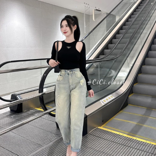 Áo thun nữ dài tay,Áo thun tăm dài tay thiết kế cổ tròn hở ngực logo pada,áo thun dài tay ôm body trẻ trung