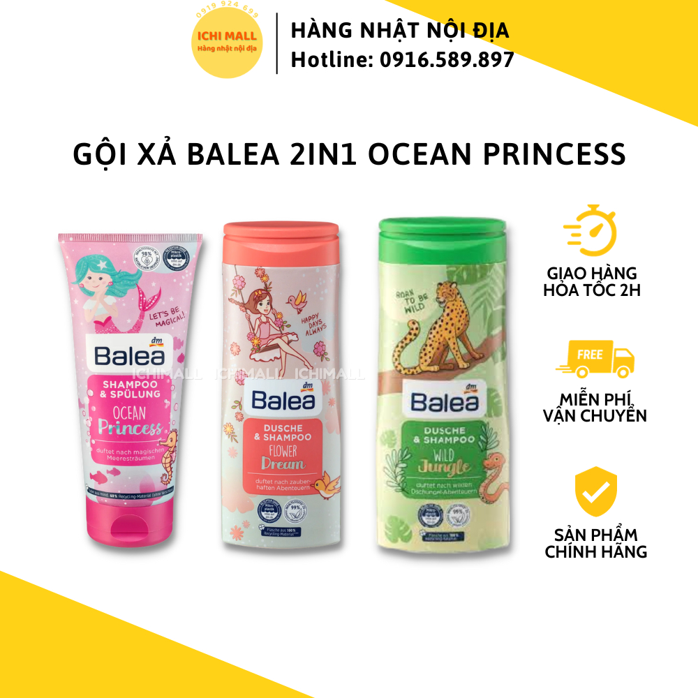 Dầu gội xả, sữa tắm gội, xịt dưỡng tóc Balea 2in1 Ocean Princess cho bé gái 200ML
