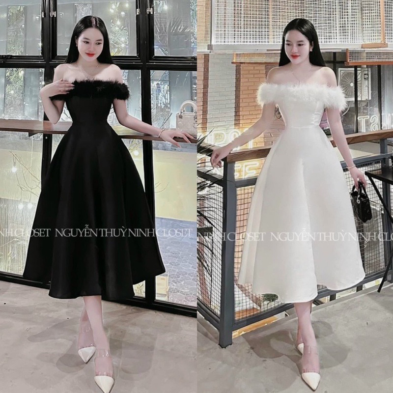 đầm thiết kế trễ vai phối lông