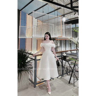 đầm thiết kế trễ vai phối lông
