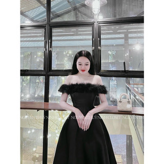 đầm thiết kế trễ vai phối lông