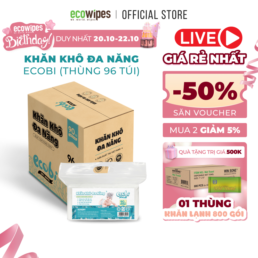 Thùng 96 túi khăn vải khô đa năng cao cấp an toàn cho bé Ecowipes túi 90 tờ 120g siêu tiết kiệm mềm mịn dai thấm hút tốt