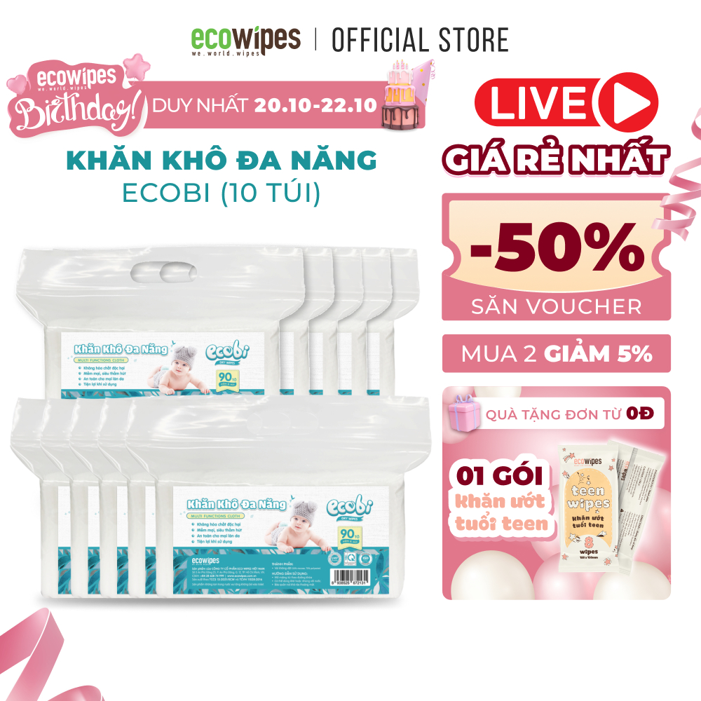 Combo 10 túi khăn vải khô đa năng cao cấp an toàn cho bé Ecowipes túi 90 tờ 120g siêu tiết kiệm mềm mịn dai thấm hút tốt