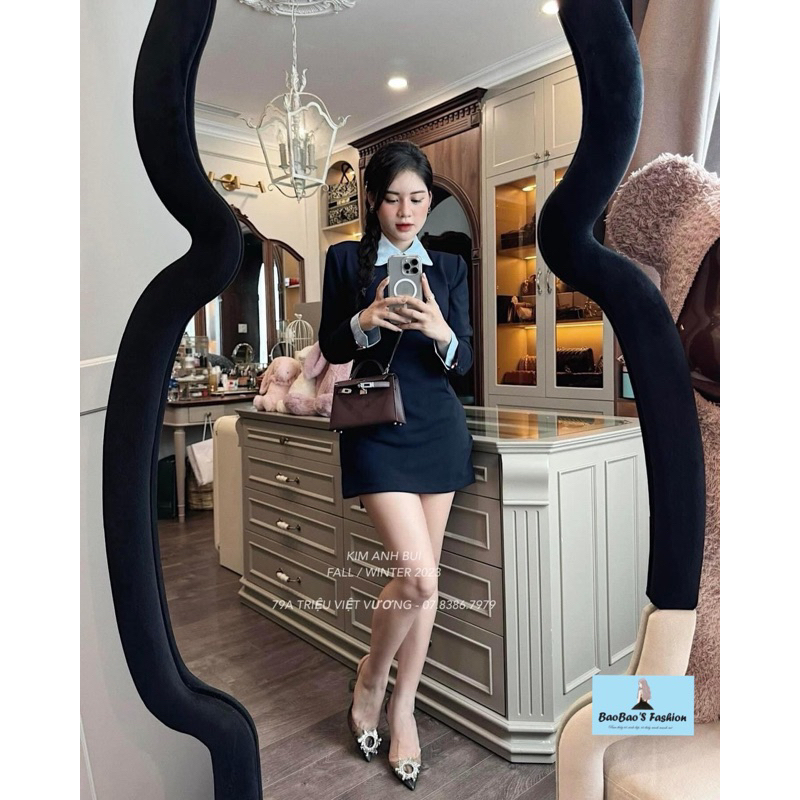 Đầm phối cổ sơ mi xanh dương thanh lịch