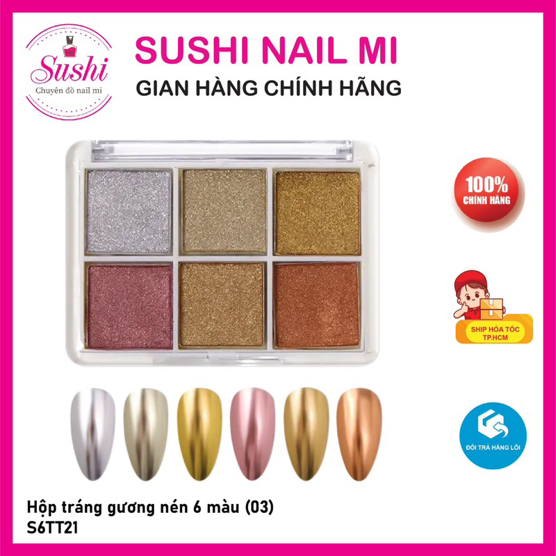Hộp nhủ tráng gương nén 6 màu  -  hộp nhủ mirror móng nail 6 màu - Sushi nail mi