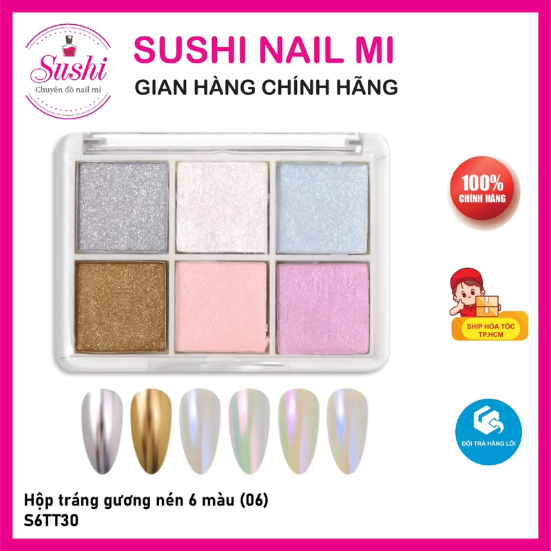 Hộp nhủ tráng gương nén 6 màu  -  hộp nhủ mirror móng nail 6 màu - Sushi nail mi