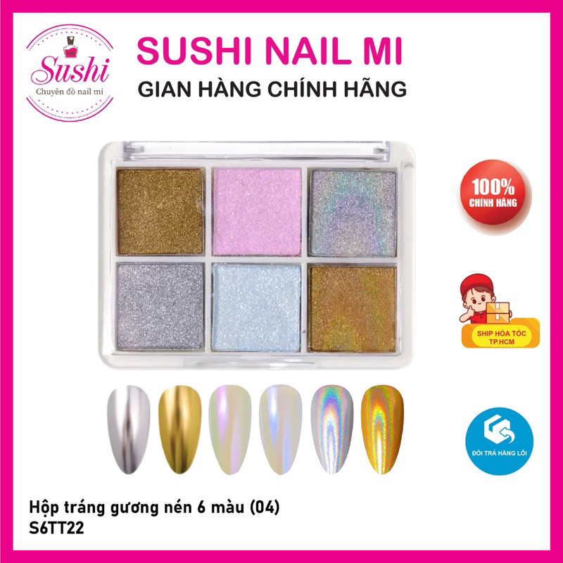 Hộp nhủ tráng gương nén 6 màu  -  hộp nhủ mirror móng nail 6 màu - Sushi nail mi