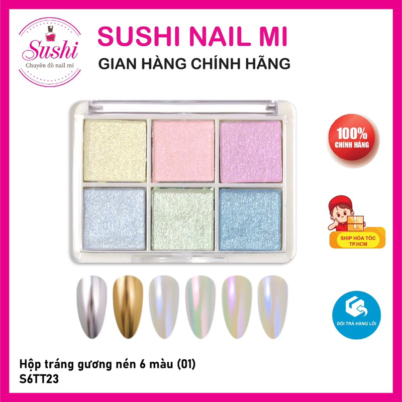Hộp nhủ tráng gương nén 6 màu  -  hộp nhủ mirror móng nail 6 màu - Sushi nail mi