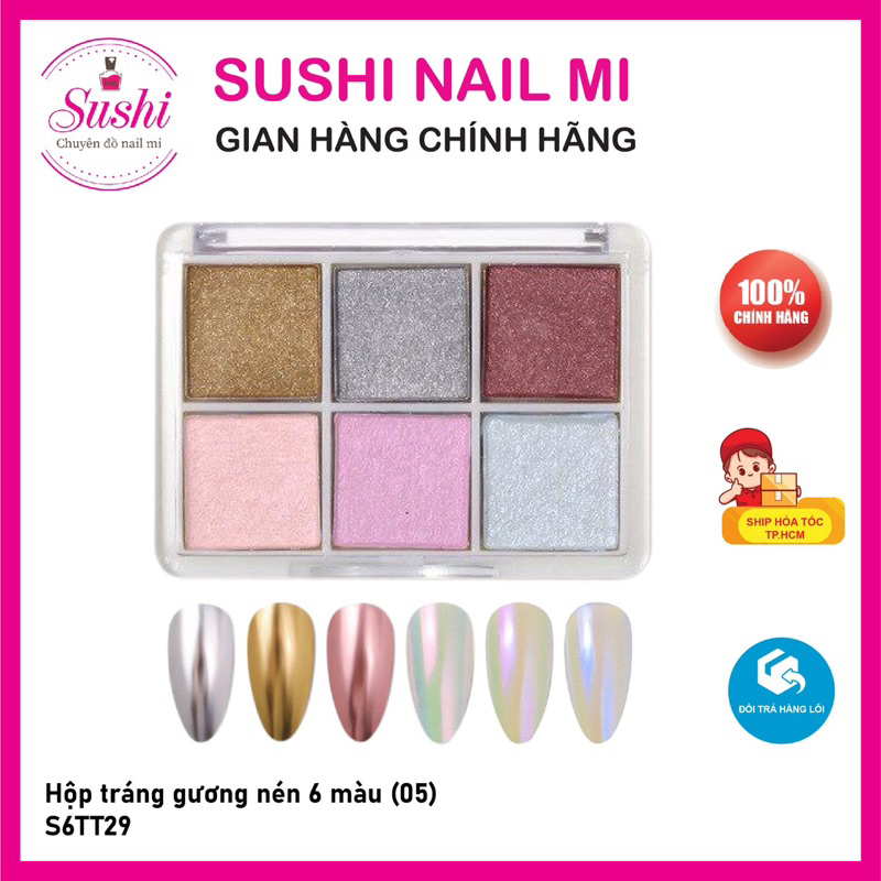 Hộp nhủ tráng gương nén 6 màu  -  hộp nhủ mirror móng nail 6 màu - Sushi nail mi