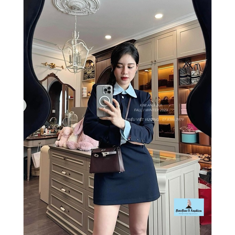 Đầm phối cổ sơ mi xanh dương thanh lịch