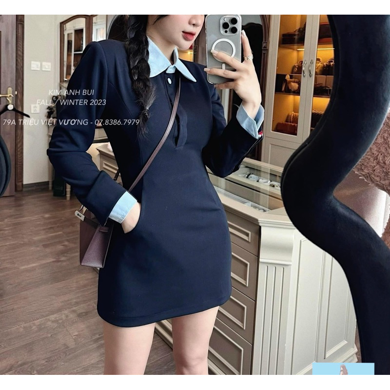 Đầm phối cổ sơ mi xanh dương thanh lịch