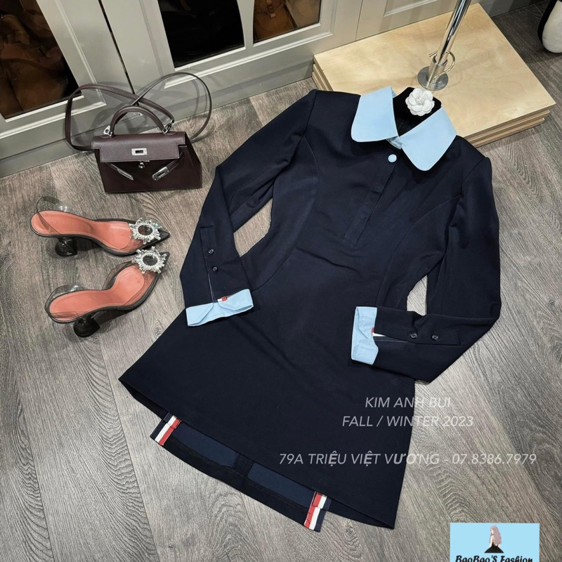 Đầm phối cổ sơ mi xanh dương thanh lịch