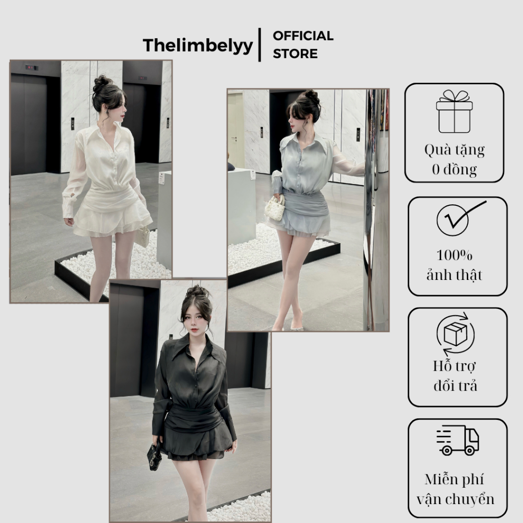 Váy Nữ Sang Chảnh Thiết Kế Áo Kiểu Sơmi Liền Váy Có Lót Quần Thelimbelyy 3 Màu Đen, Trắng, Xanh