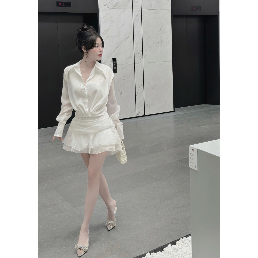 Váy Nữ Sang Chảnh Thiết Kế Áo Kiểu Sơmi Liền Váy Có Lót Quần Thelimbelyy 3 Màu Đen, Trắng, Xanh