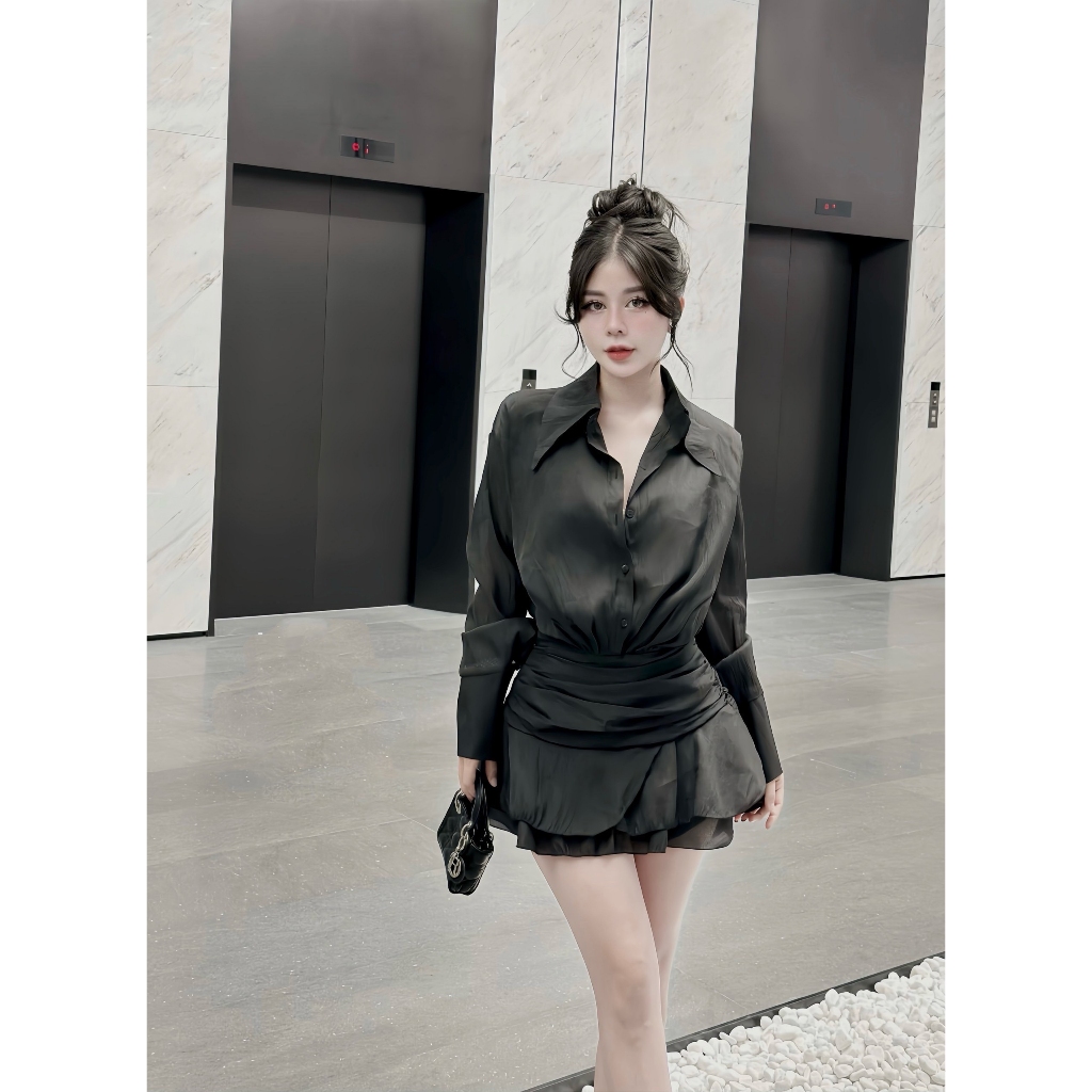 Váy Nữ Sang Chảnh Thiết Kế Áo Kiểu Sơmi Liền Váy Có Lót Quần Thelimbelyy 3 Màu Đen, Trắng, Xanh