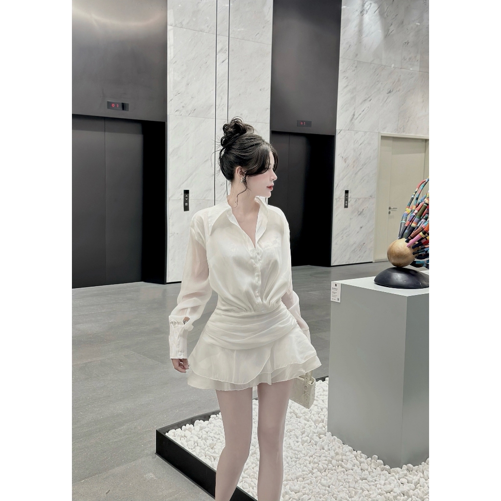 Váy Nữ Sang Chảnh Thiết Kế Áo Kiểu Sơmi Liền Váy Có Lót Quần Thelimbelyy 3 Màu Đen, Trắng, Xanh