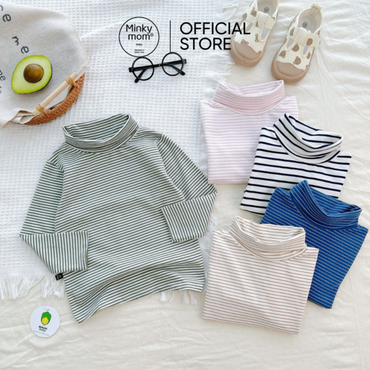 Áo Dài Tay Cổ Cao 5P Bé Trai, Bé Gái KIMCHIBABY Vải Cotton Dư Xịn Hoạ Tiết Kẻ Ngang, Áo Cổ Lọ Cho Bé Mặc Nhà KCAD2201