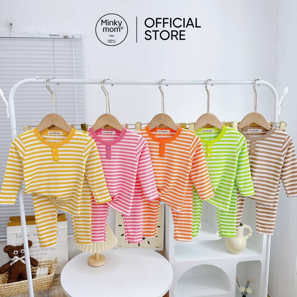 Bộ Dài Tay Cho Bé Gái, Bé Trai KIMCHIBABY Vải Thun Gân Hoạ Tiết Kẻ Ngang Đính Cúc, Đồ Bộ Cho Bé Mặc Nhà Thu Đông KCTD318