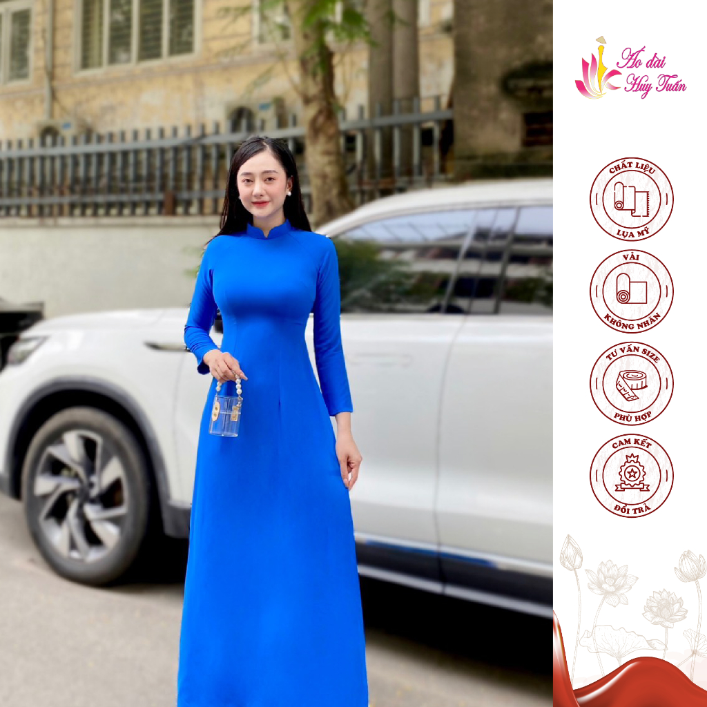áo dài truyền thống lụa Mỹ màu xanh đoàn, cổ 2 phân , trơn , tay dài
