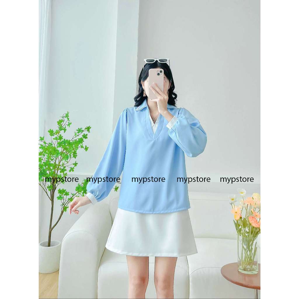 Áo bâu sơ mi tay dài phối viền màu Mypstore