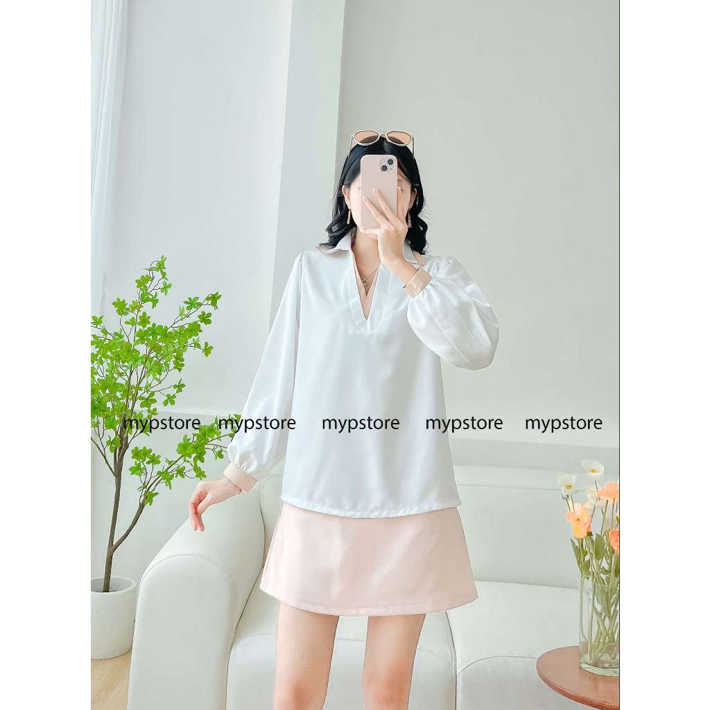 Áo bâu sơ mi tay dài phối viền màu Mypstore