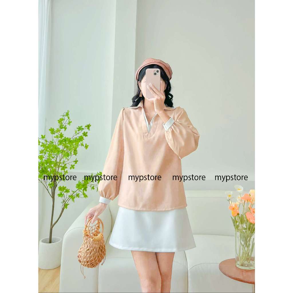 Áo bâu sơ mi tay dài phối viền màu Mypstore