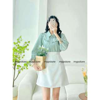 Áo sơ mi viền bèo vuông tay phồng cột nơ Mypstore