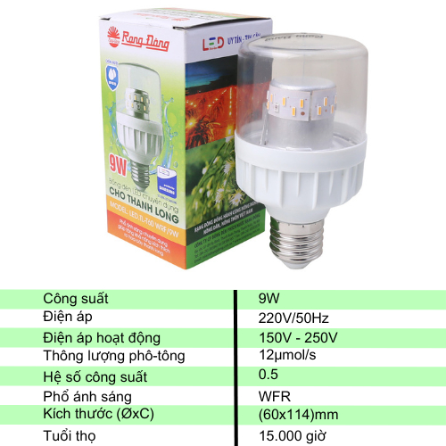 Bóng đèn LED tiết kiệm điện chuyên dụng cho thanh long Rạng Đông, model LED.TL-T60 WFR/9W