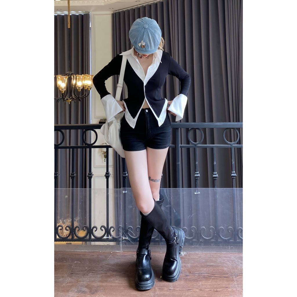 Áo thun đen phối sơ mi sọc xanh và trắng dáng ôm vạt nhọm siêu tôn eo Hari GenZ 8931 p0k26