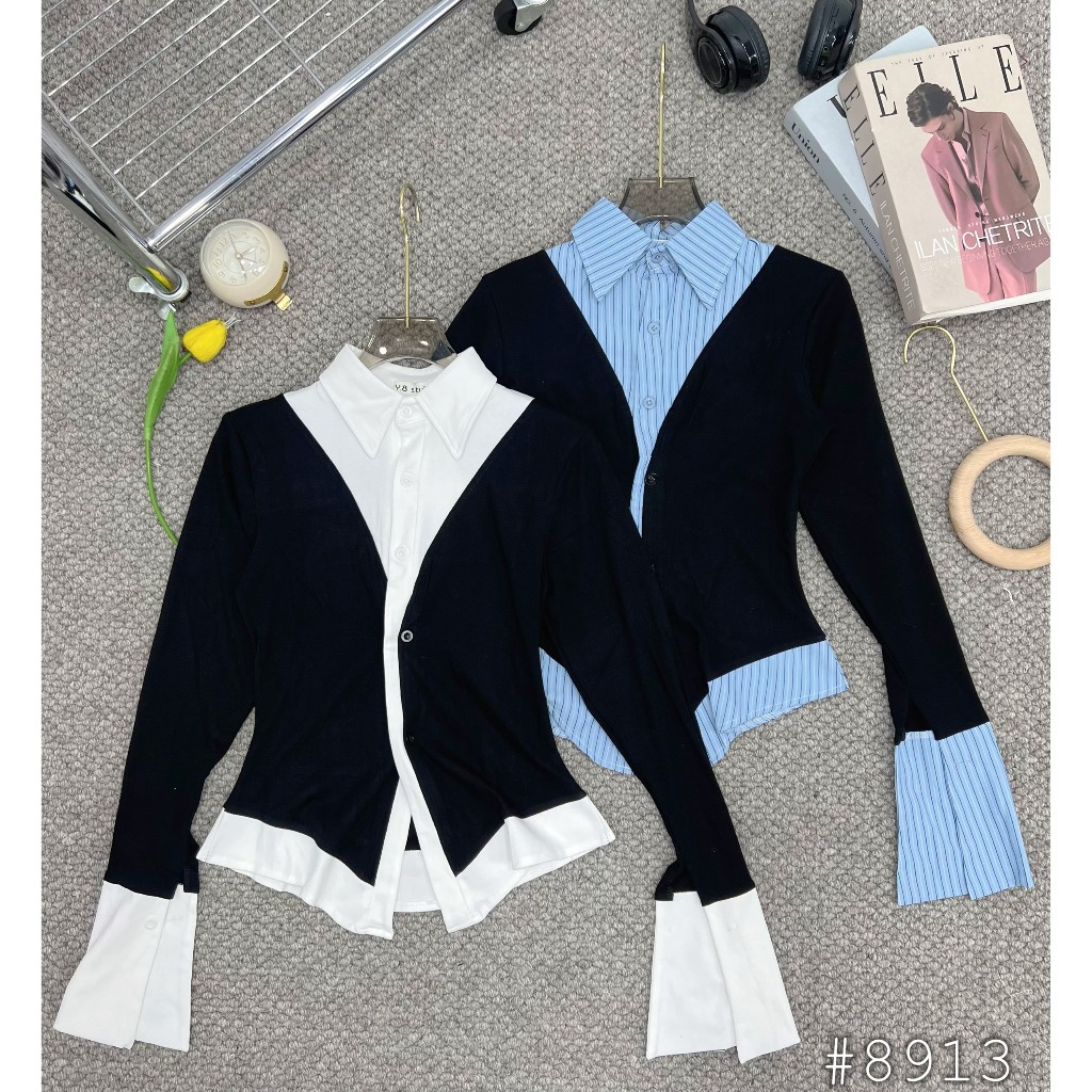 Áo thun đen phối sơ mi sọc xanh và trắng dáng ôm vạt nhọm siêu tôn eo Hari GenZ 8931 p0k26