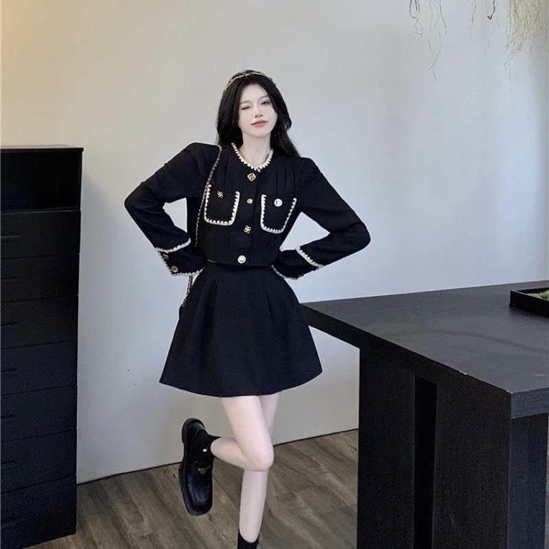 Set dạ mix kèm chân váy xếp ly - Set áo và chân váy thanh lịch Hari GenZ 701 P0K44