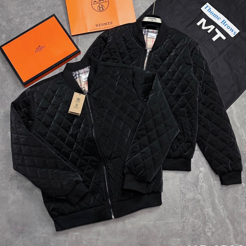 Áo khoác phao bomber nam Burberry nhung lì dệt chỉ quả trám đen lót gió kẻ sọc be 3 lớp dày dặn AK82P