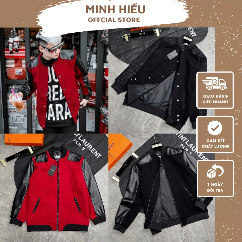 A09-Áo khoác bomber Saint Laurent phối da thiết kế hot trend Nam nữ New 2023 - Áo Khoác Dạ Da Cao Cấp