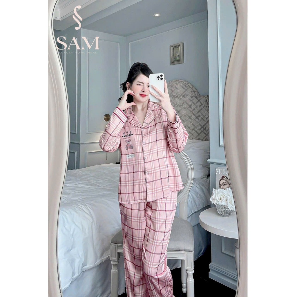 Bộ pijama nữ áo dài quần dài họa tiết kẻ chất lụa Xumaki Store