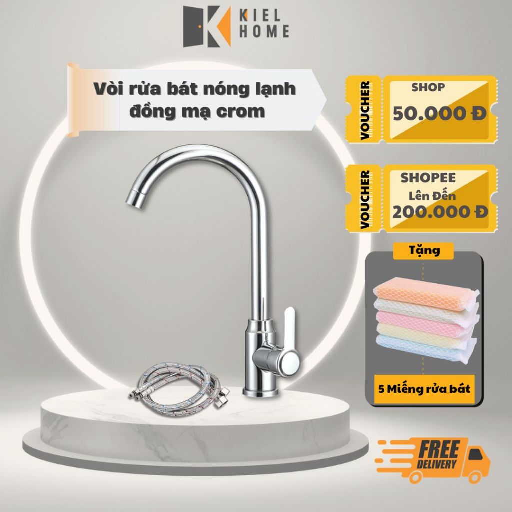 Vòi rửa bát nóng lạnh đồng mạ crom, tích hợp vòng bi xoay 360 độ, hàng chính hãng bảo hành 5 năm - Kiel Home